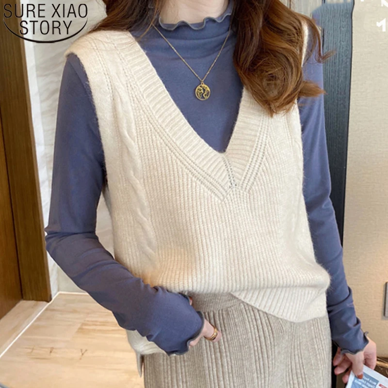 

Fashion V-neck Knitted Vest Women All-match Sleeveless Pullover Clothes Loose Sweater 2022 Spring Autumn Women Casual Vest 16088