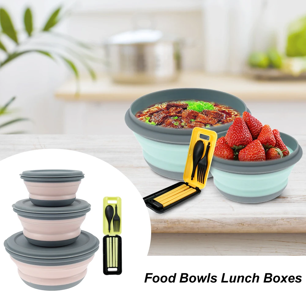 

3Pcs 300ml/650ml/900ml Collapsible Bowl with Lid Round Food Storage Container Outdoor Travel/Camping Lunch Container BPA Free