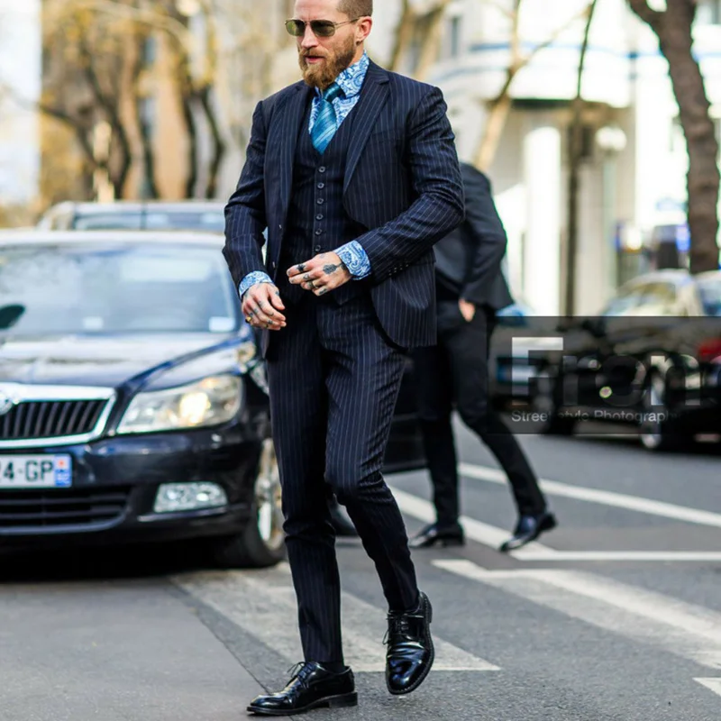 2021 Newest Mens 3 Piece Wool Feel Classic Gangster Pinstripe Suits with Vest Notch Lapel Two Button Navy Formal Suit | Мужская одежда
