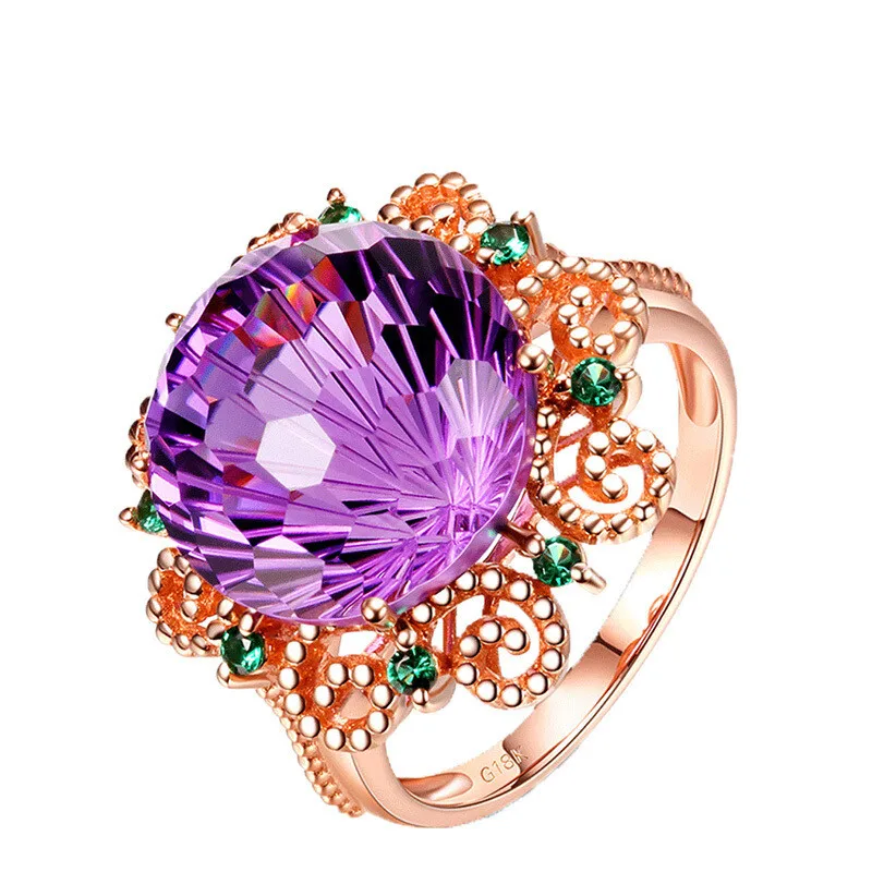 

Luxury Female Purple Round Crystal Ring Dainty Rose Gold Hollow Wedding Rings For Women Vintage Bridal Flower Engagement Ring