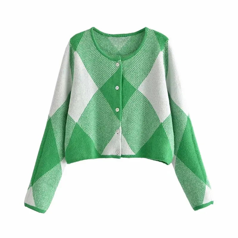 

ZA 2021 autumn new women's clothing fashion European and American style diamond pattern jacquard Plaid knitted cardigan