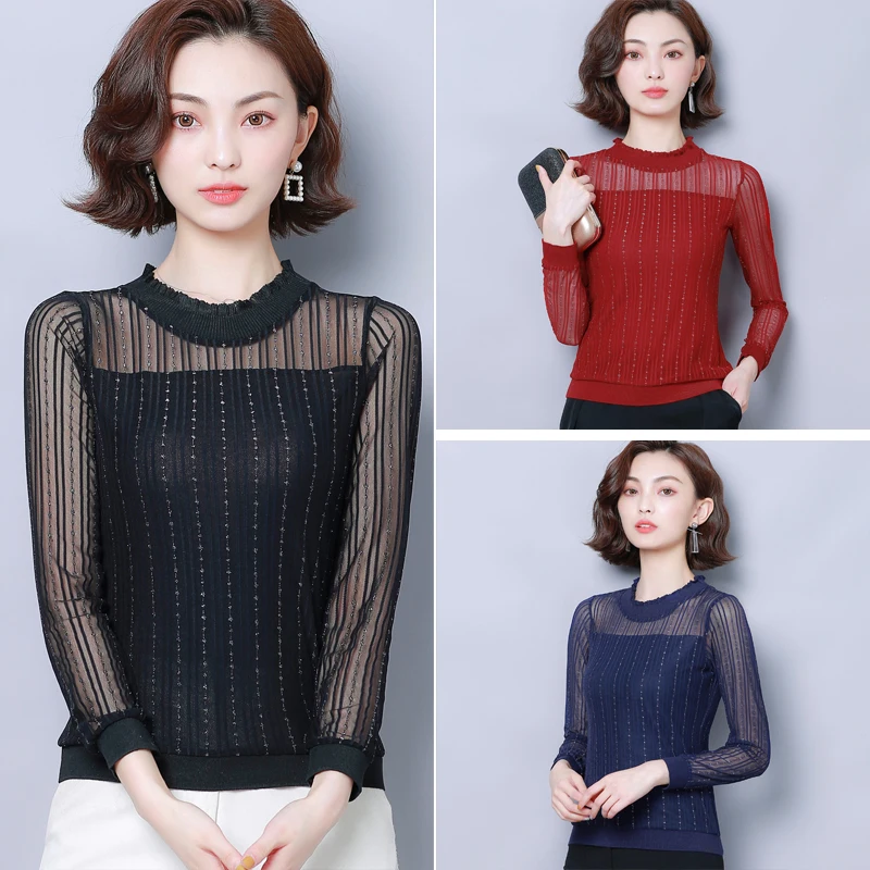 Винно красный черный синий марлевый сетчатый топ Весна Осень Корейская одежда