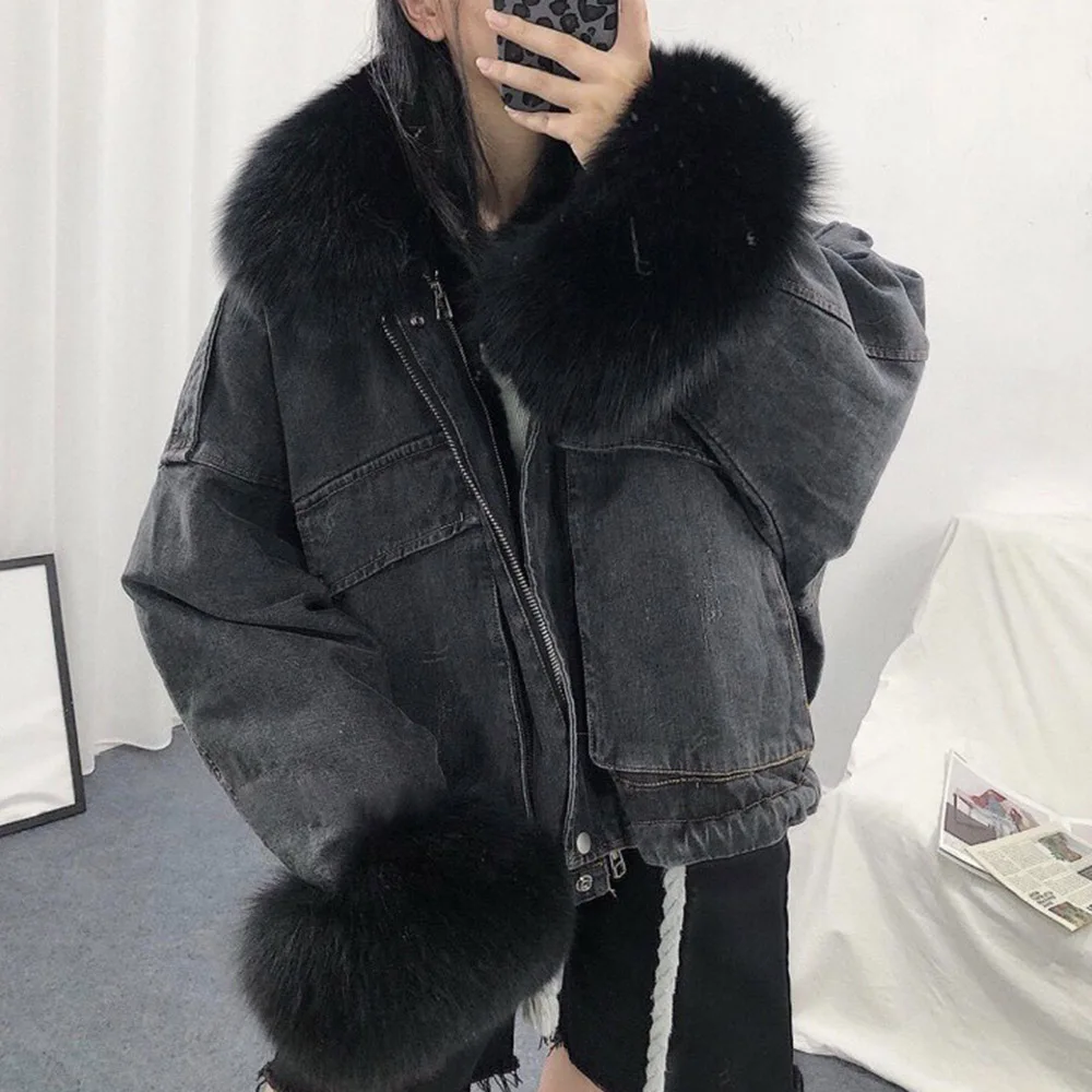 

Jacket Women Denim Casual Jacket Women Long Sleeve Thick Coats Elegant Winter Outwear Office Ladies Solid Streetwear With Fur