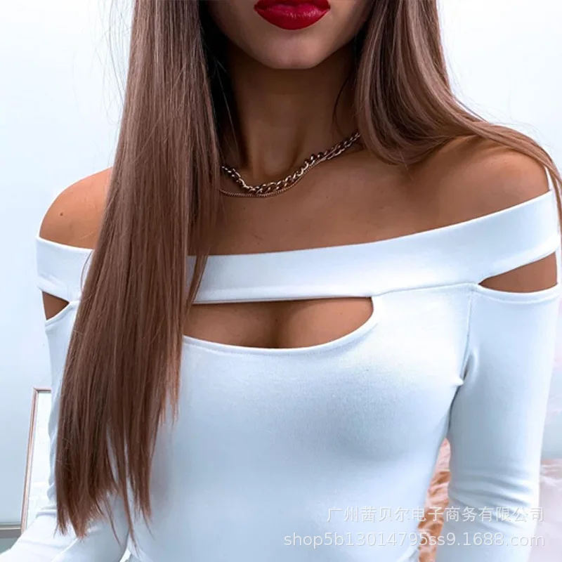 

WEPBEL Spring and Autumn Fashion Long Sleeve Slash Neck T-shirt Top Women's Sexy Solid Color Hollow Out Slim T-shirt