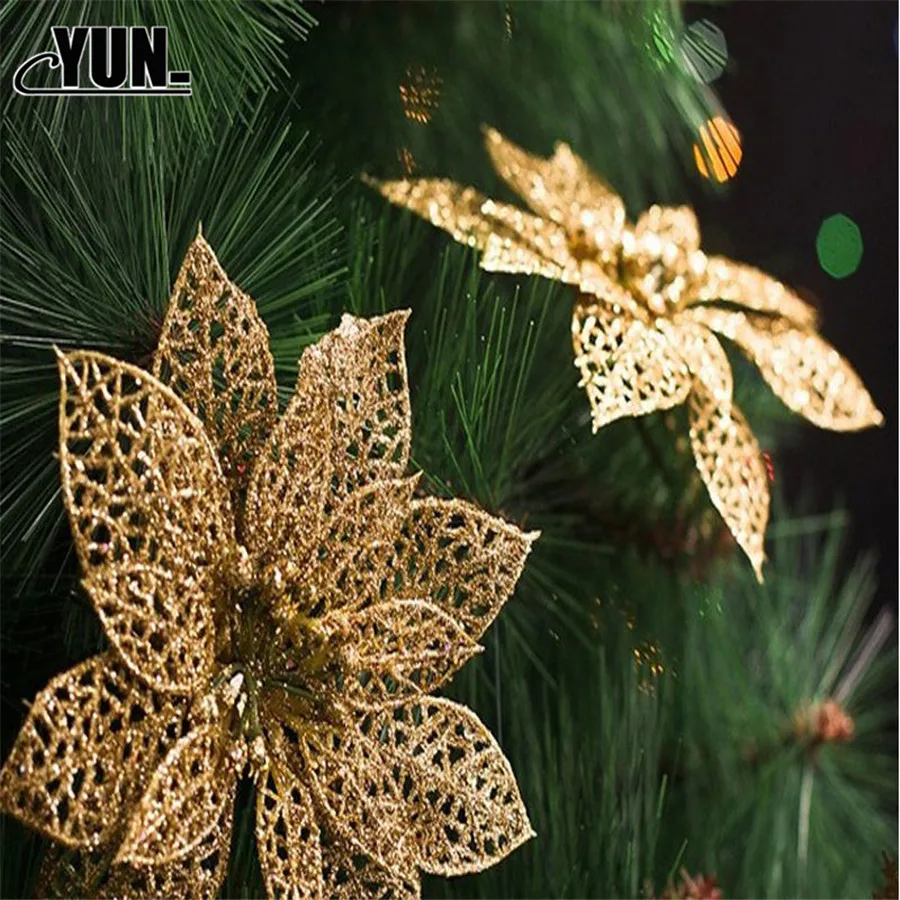 Украшения для елки блестящие искусственные цветы к Рождеству 15 см 10 шт.