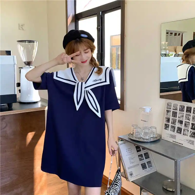 

French Cape Navy Dress summer loose small Casual Short Sleeve T-Shirt