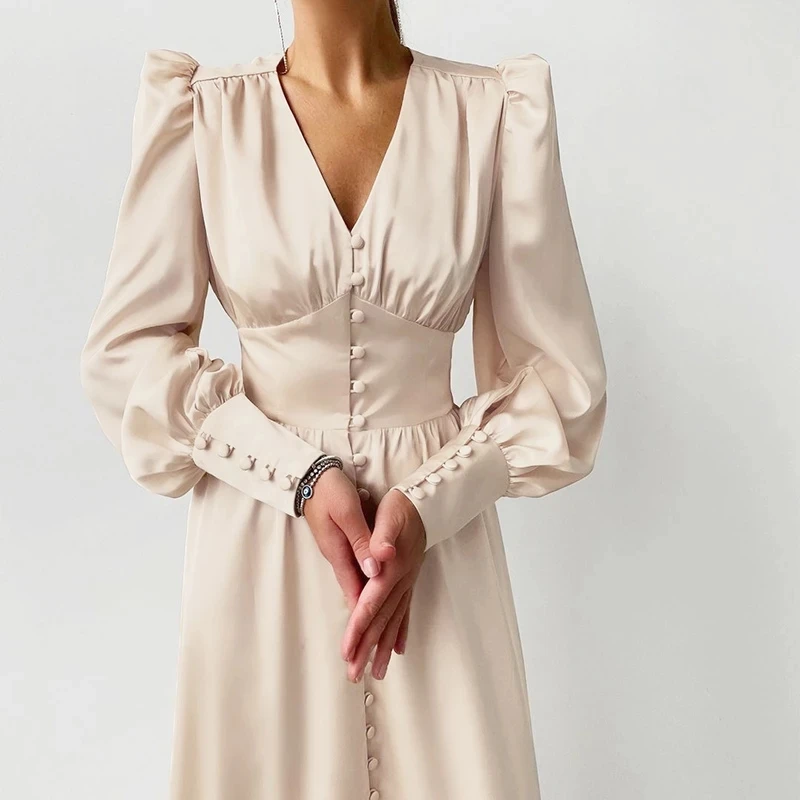 

Satin Prom Women's Long Dress For Party Lantern Sleeve A-Line High Waist Slim Elegant Dresses 2021 Clothes New Year Ball Evening