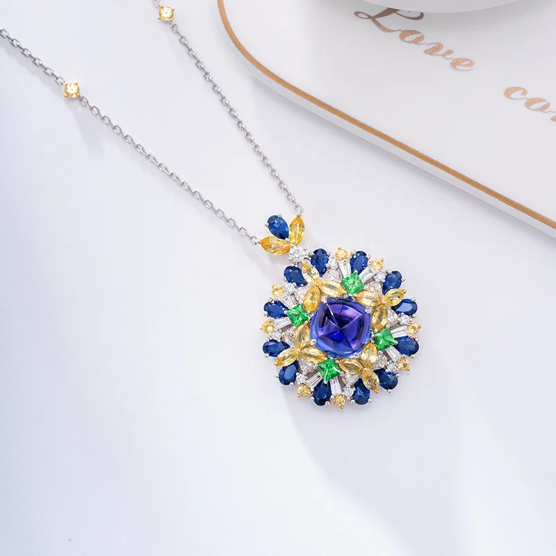

Woman Necklace gold Jeweler gothic Sugar Tower Pendant Imitation Natural Tanzanite Necklace Contrast Color Mix korean fashion