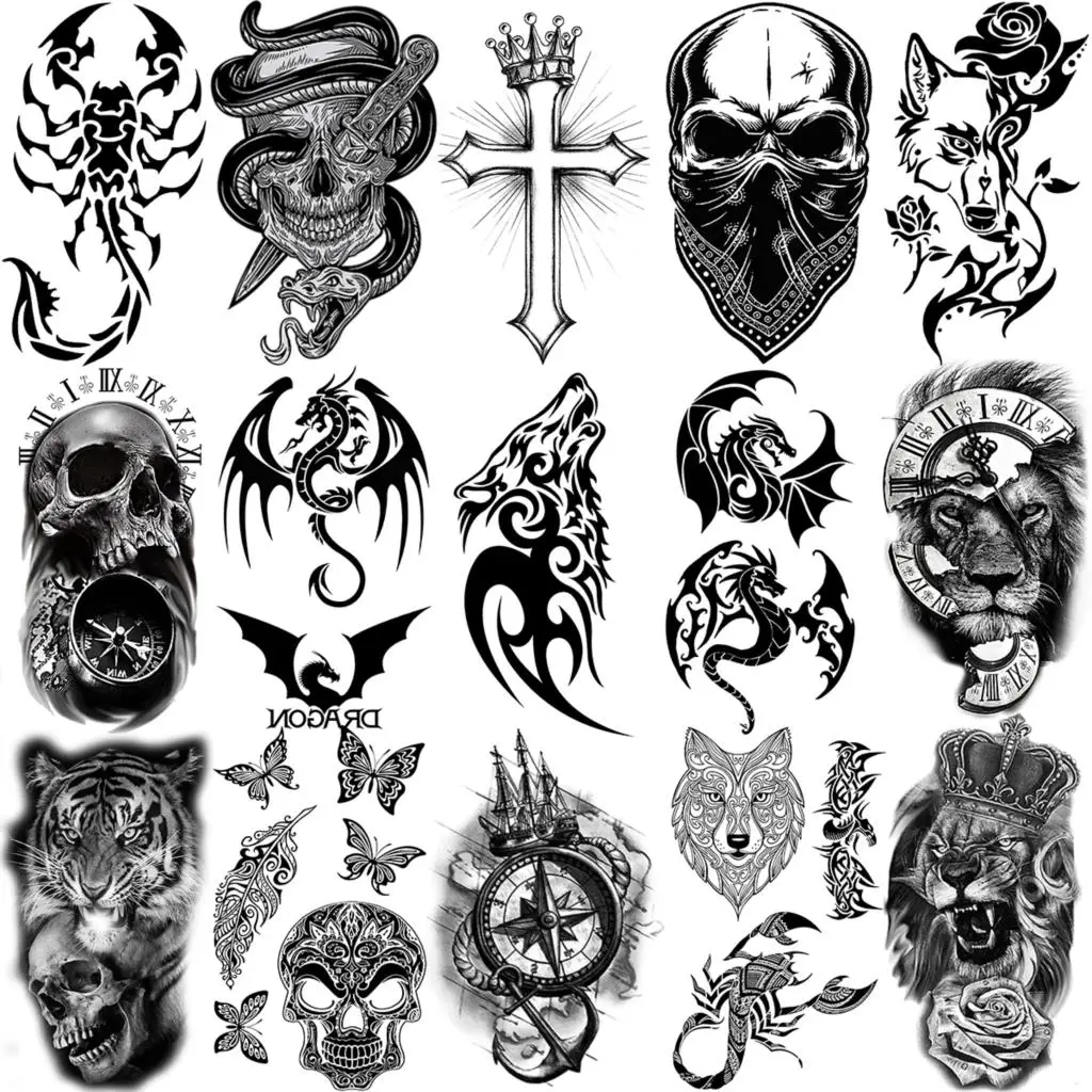 

Thorns Wolf Dragon Scorpion Temporary Tattoos For Adult Men Boy Skull Tiger Lion Compass Fake Tattoo Neck Arm Hands Small Tatoos