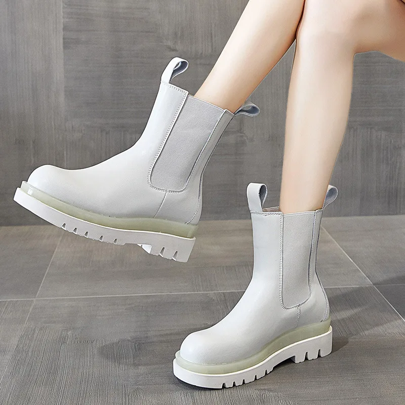 short Boots Women's Trend Korean Version of The Luminous Set of Elastic Two-layer Leather Boots British Style Chelsea Boots