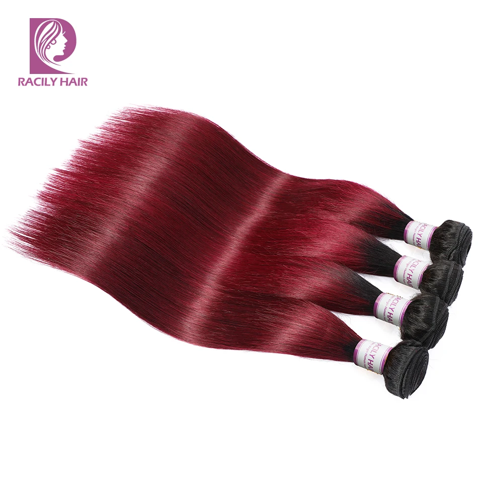 Racily волосы T1B/бордовый бразильские прямые Remy человеческие 3/4 пучки с кружевной