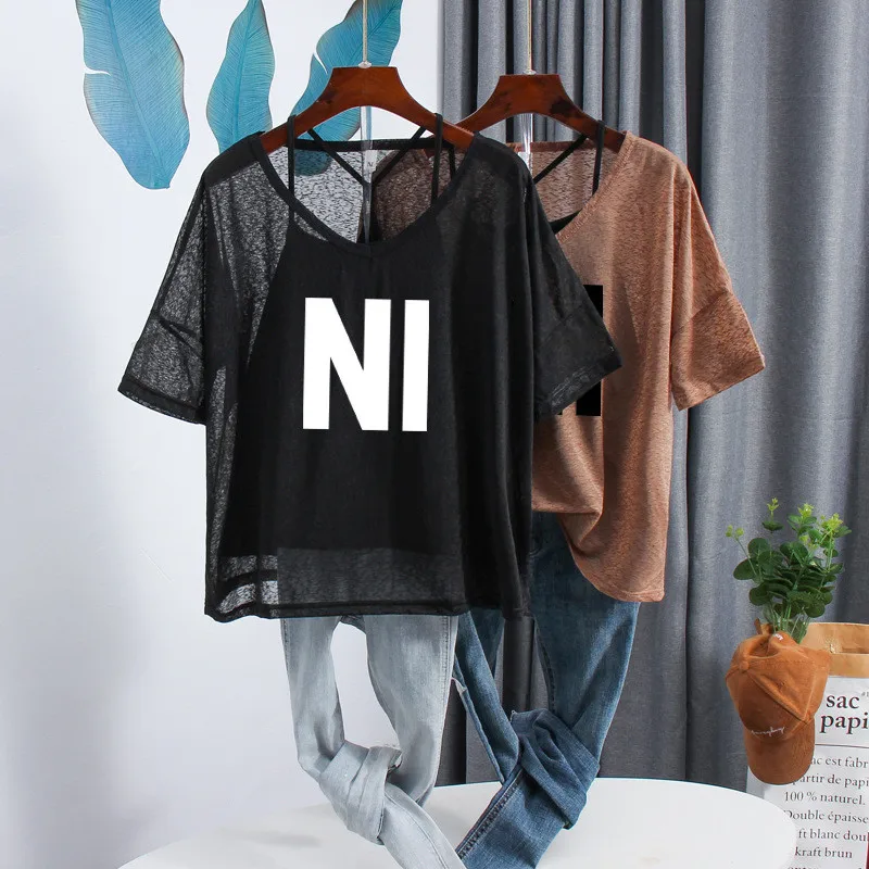 

Women Transparent Ice Slik T Shirt Two Piece Summer New V Neck Loose Oversized Female Tops Sexy Temperament Fashion Women Tops