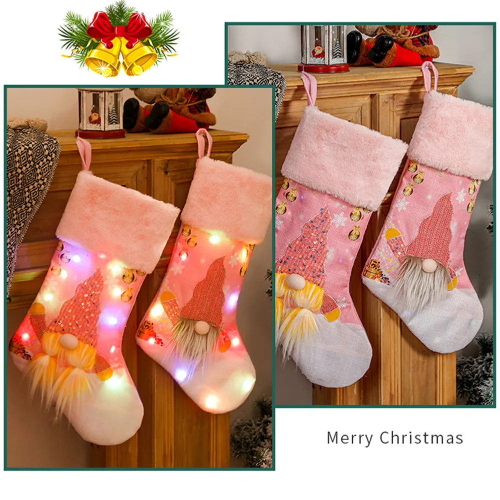 

Hot New Christmas Stocking With LED Light Gnome Plush Stocking Christmas Trees Hanging Ornament Rudolph Stockings Home Decor