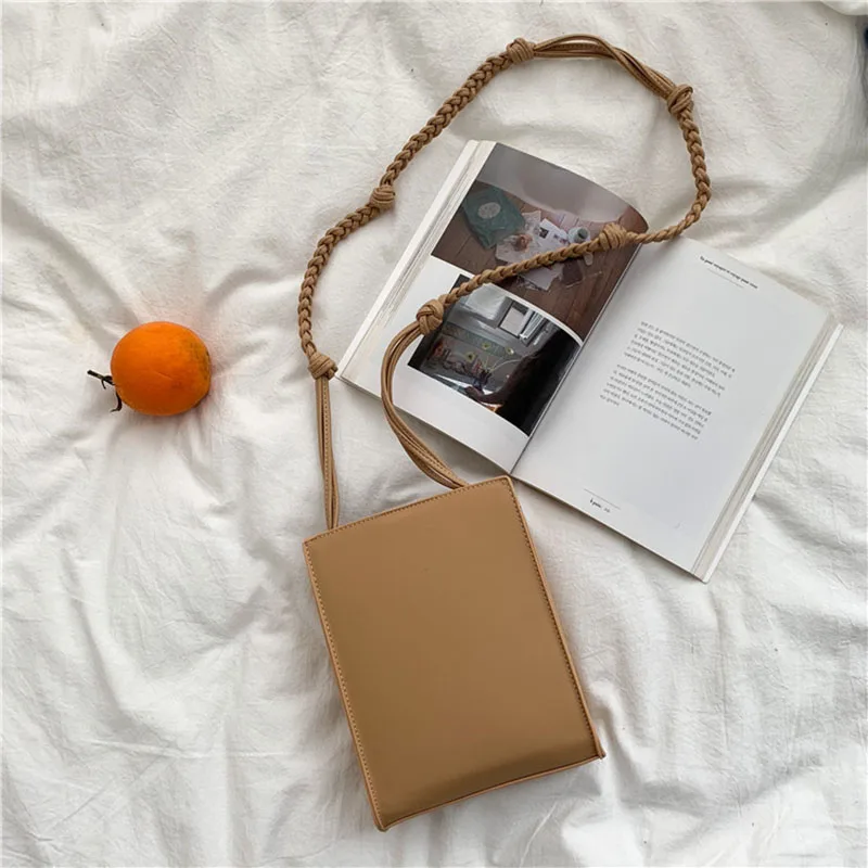 Женские модные квадратные сумки через плечо с вязаным ремнем из твердой кожи