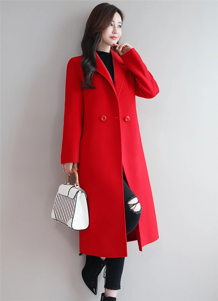 Women Woolen Coat Autumn Winter New Double-breasted Long Sleeve Loose Coats Turn-Down Collar Outwear Plus Size S~3XL