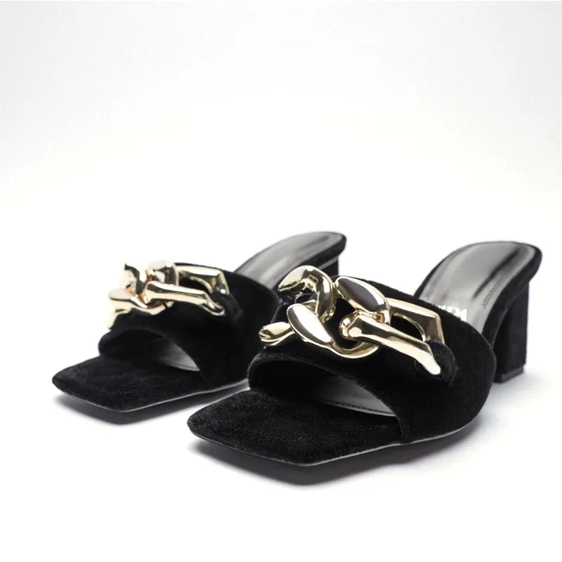 

ZA Spring New Women's Shoes Black Chain Decorated Velvet High-heeled Thick-heeled Sandals With Square Toe Open-toe Slippers