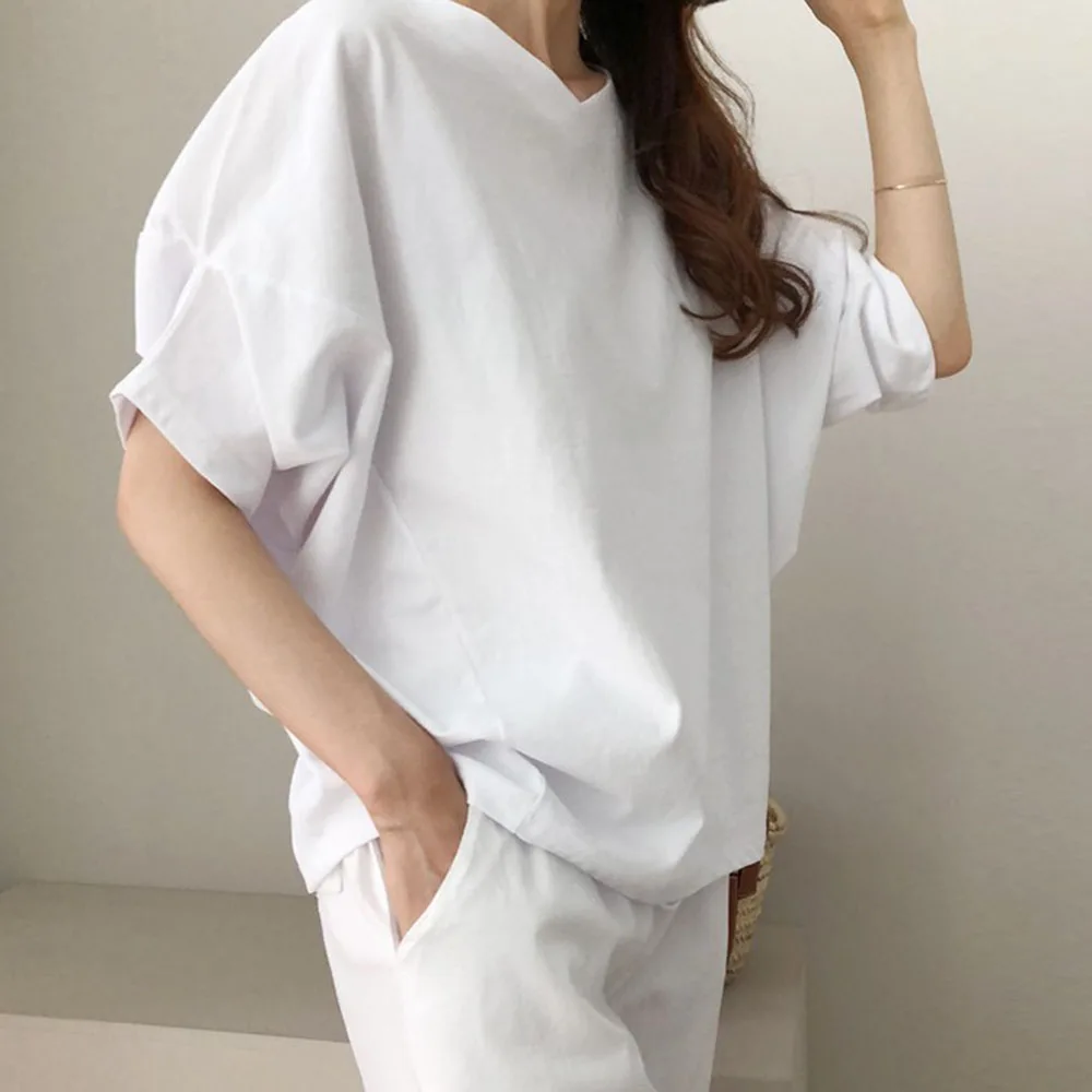 Летняя Корейская женская черная футболка в японском стиле Повседневная