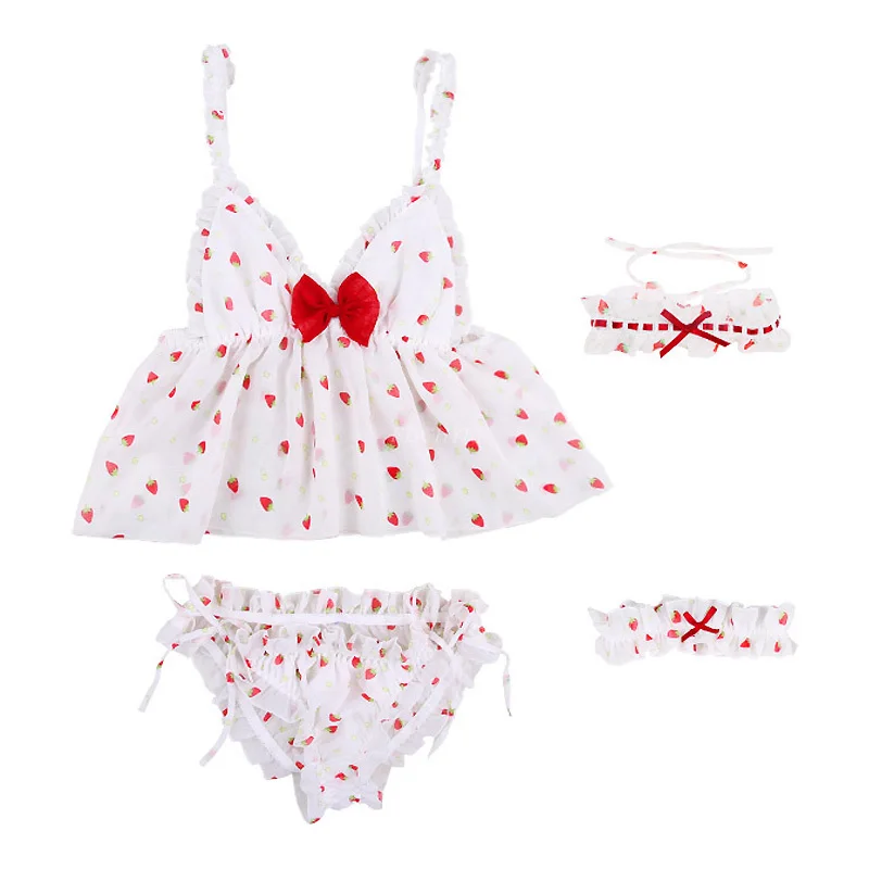 

Japanese Anime Style Sexy Pink Striped Strawberry Maid Costume Women's Lingerie 4PCS Set Bra & Panties Cute Bikini Underwear Set