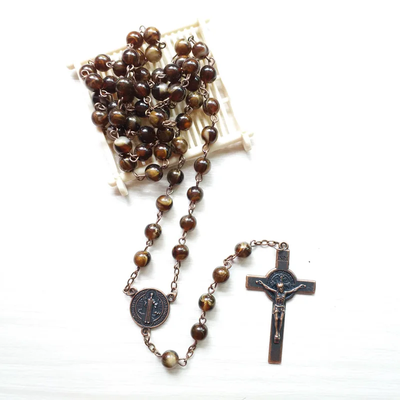 

QIGO The Rosaries Vintage Acrylic Beads Strand Necklace Long Jesus Cross Pendant Religious Prayer Jewelry