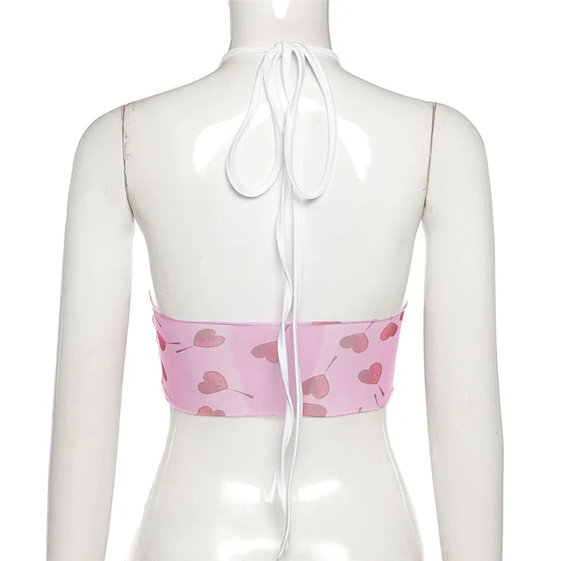 

Goth Dark E-Girl Aesthetic Cute Harajuku Women Camis Pastel Goth Bandage Backless Sexy Halter Crop Tops Pink Mesh Summer Clothes