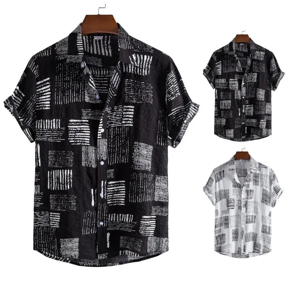 

Linen Short Sleeve Shirt Men Summer Floral Loose Baggy Casual Hawaii Holiday Beach Shirt Tee Tops Buttons Blouse National Style