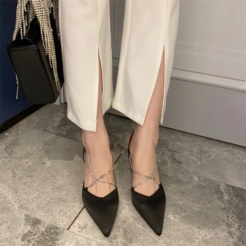 

Fashion Womens Shoes 2021 Pointed Heel Sandals Cross Suit Female Beige Luxury Stiletto Rhinestone Low Girls Lace Up Black Clear