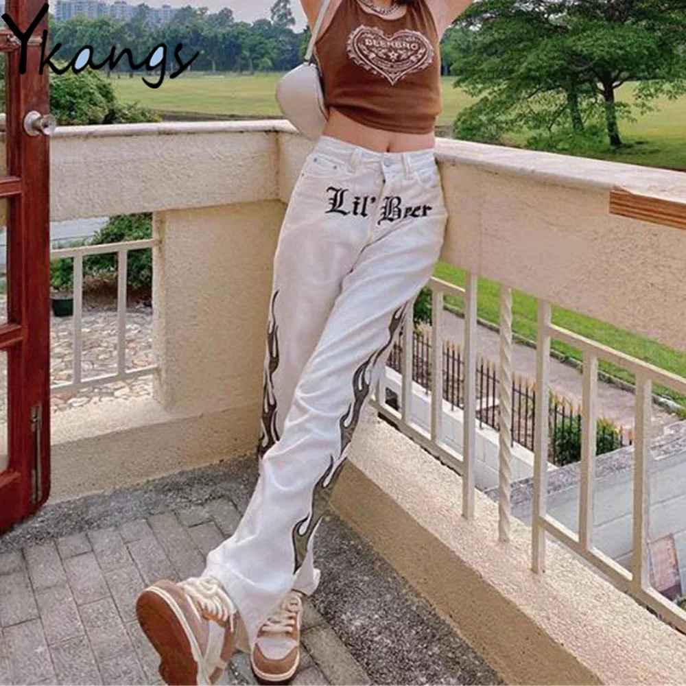 Женские прямые джинсы в стиле Харадзюку белые готические брюки из денима хип-хоп