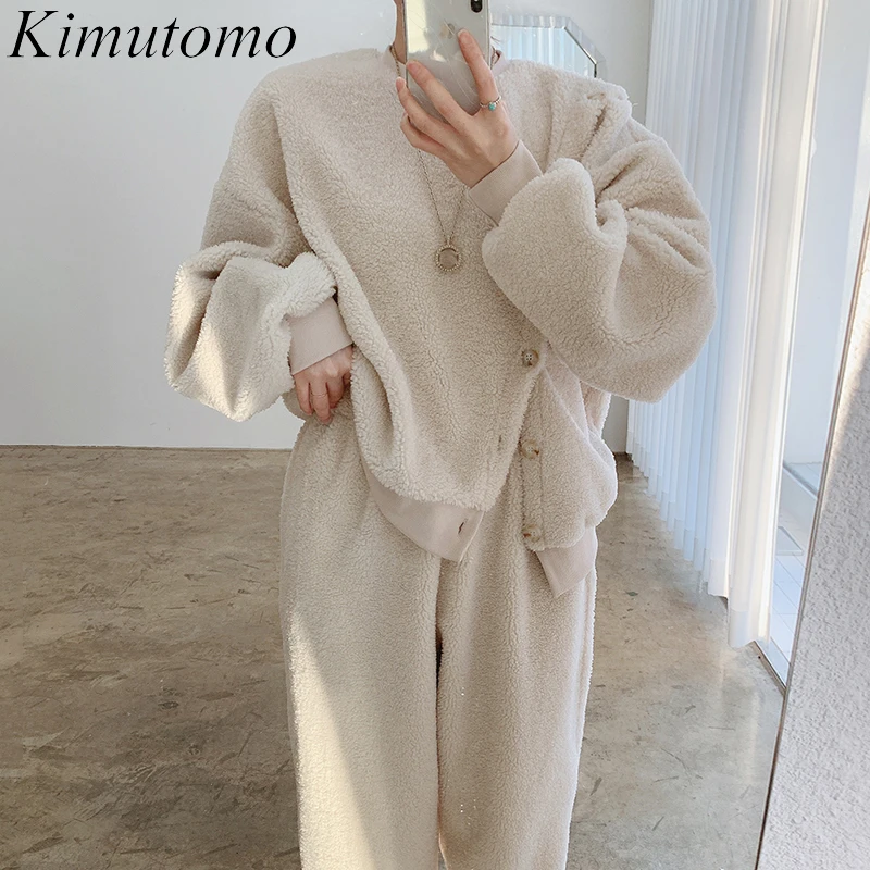 

Однотонный Повседневный Женский костюм Kimutomo, Осень-зима, новый корейский винтажный костюм с О-образным вырезом, боковыми косыми пуговицами,...