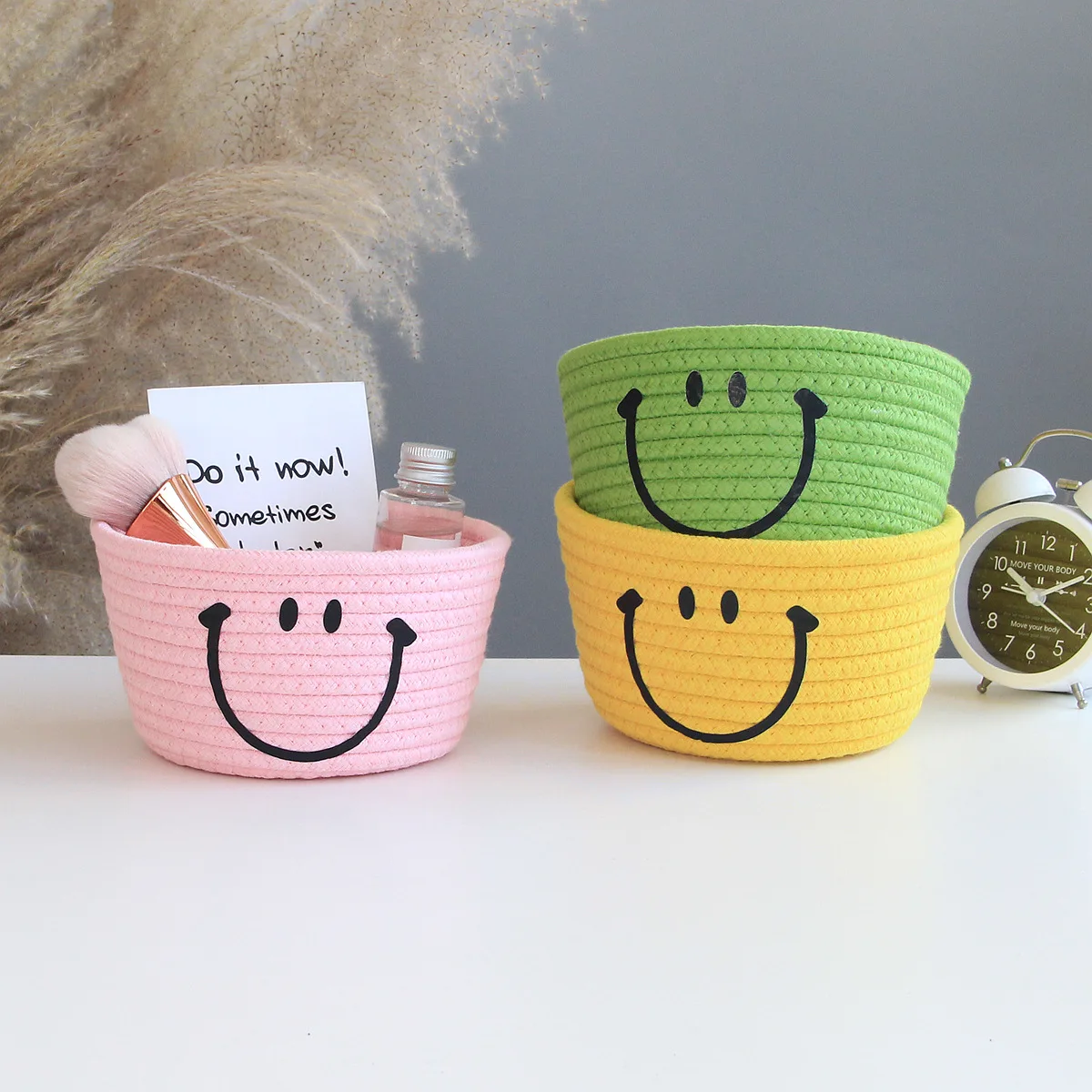 

Smile Woven Cotton String Storage Box Nordic Cotton Thread Cute Cosmetics Sundries Remote Control Cosmetic Storage Basket