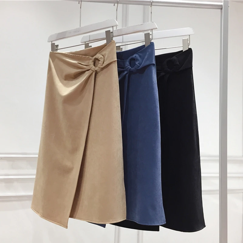 Новинка элегантная замшевая юбка средней длины Женская Асимметричная осень-зима