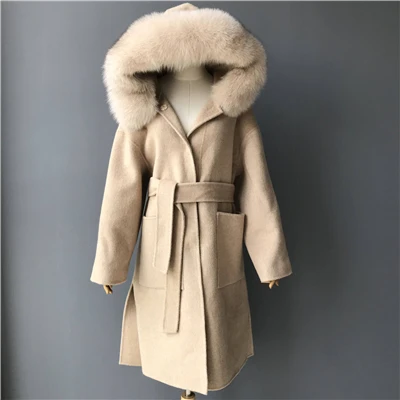 Beige Long style Кашемировая Женская куртка ручной работы, Женское шерстяное пальто с воротником из лисьего меха, Повседневная Зимняя шерстяная куртка, шерстяное пальто, кашемировое пальто - Цвет: Beige Long style