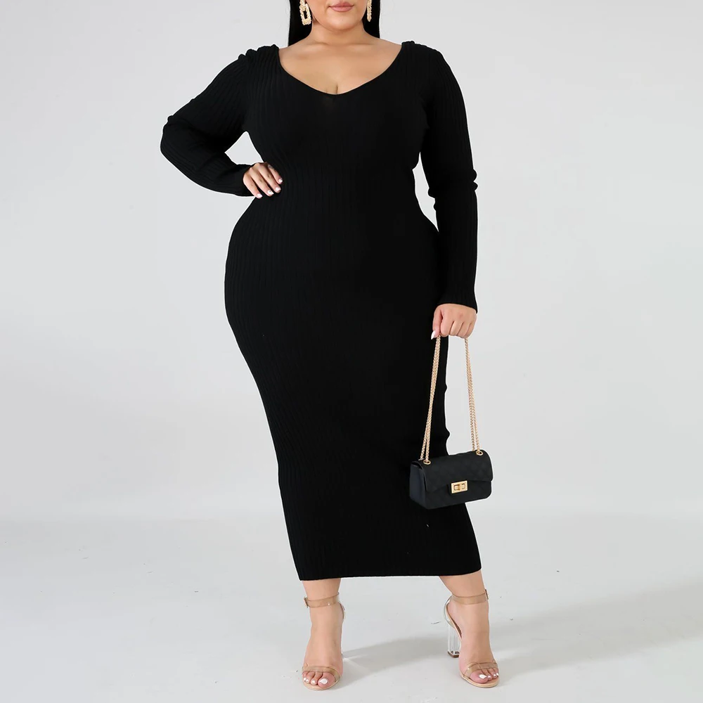 

Women Sweater Long Dress Deep-V Sexy Bodycon African Fashion Office Lady Plus Size 5XL Casual Loose Pullover Plain Solid Knit