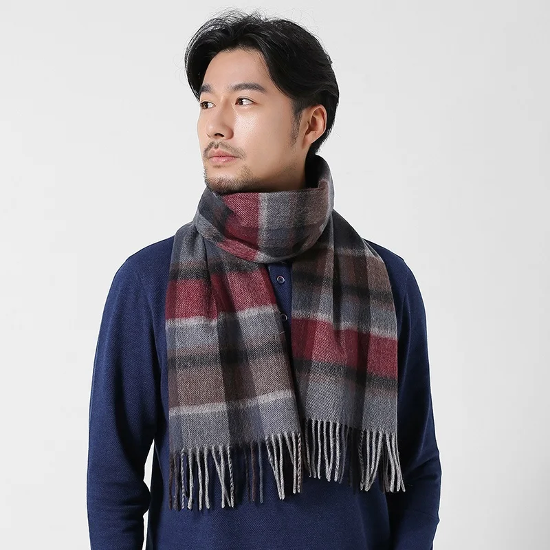 

Winter Wool Scarf for Men Luxury Brand Shawls Korean Classical Warm Blue Plaid Wool Scarves Male Fashion