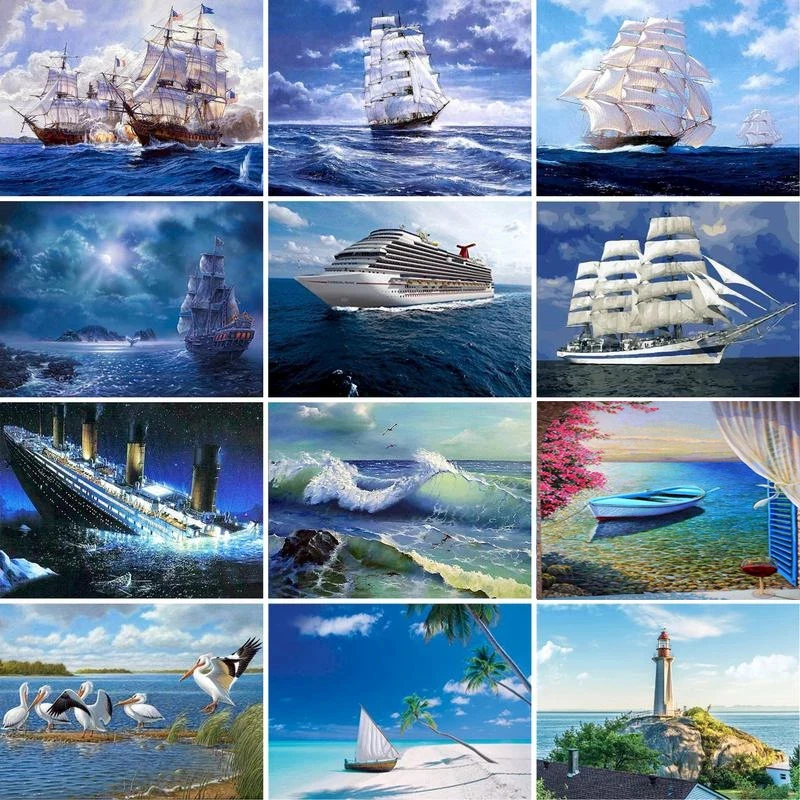 

GATYZTORY 5D Diamond Embroidery Sailing Boat At Sea Kit Full Drill Square Diamond Painting Landscape Diamond Mosaic Home Decor