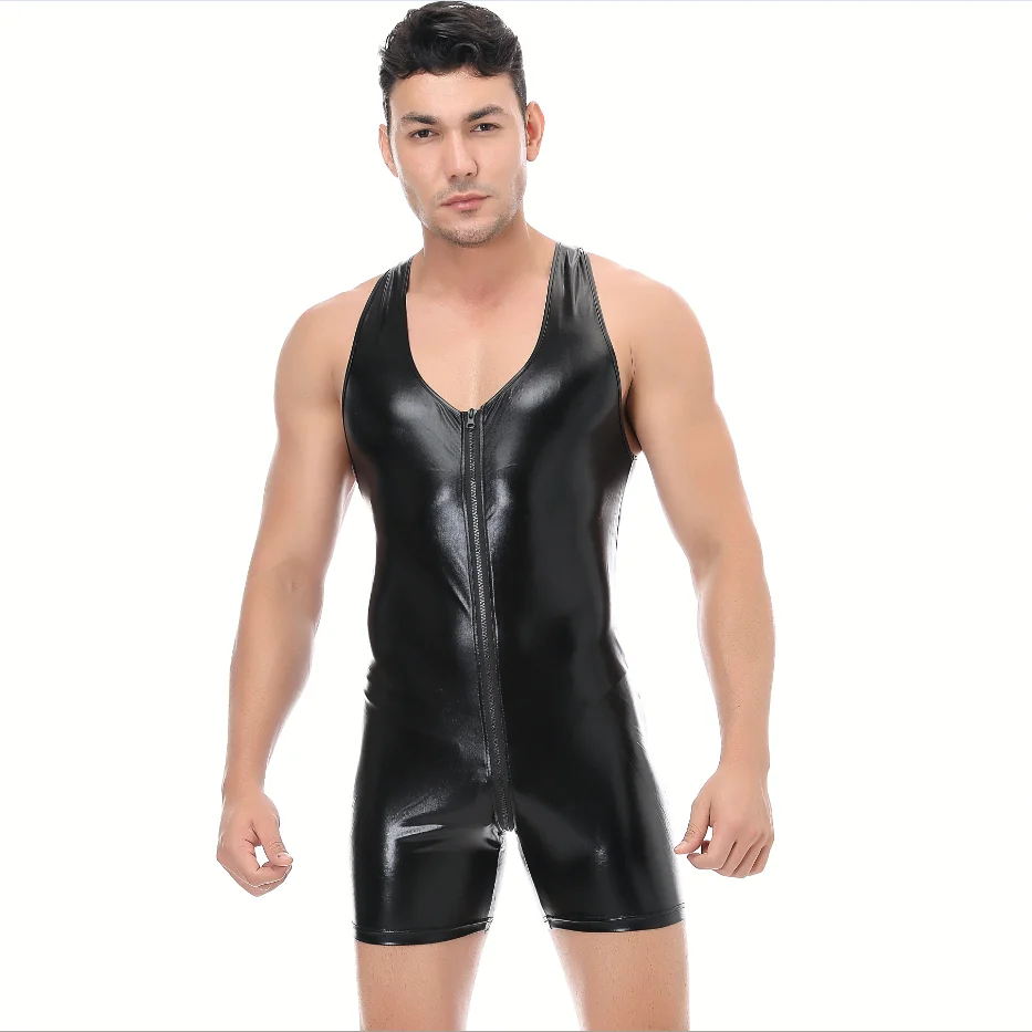 

Erotic underwear sexy men's one-piece bright patent leather one-piece open crotch nightclub stage ds costume