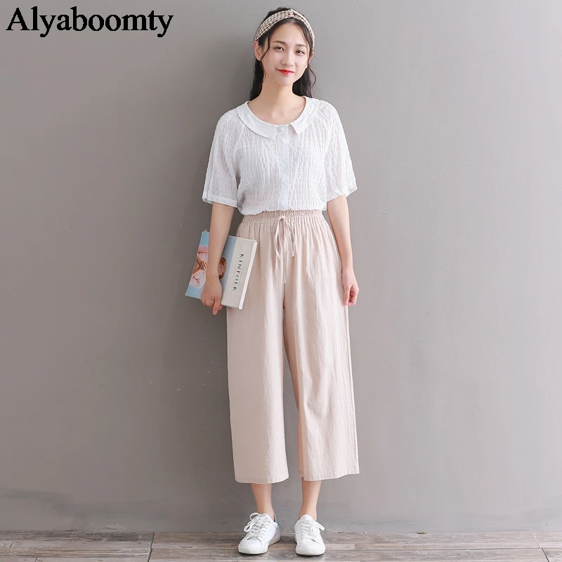 Капри женские с завышенной талией повседневные свободные штаны в японском стиле