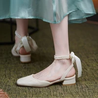 new fairy style mid heel baotou sandals womens bow knot thick heel single shoes ribbon heels female sandals leather shoes