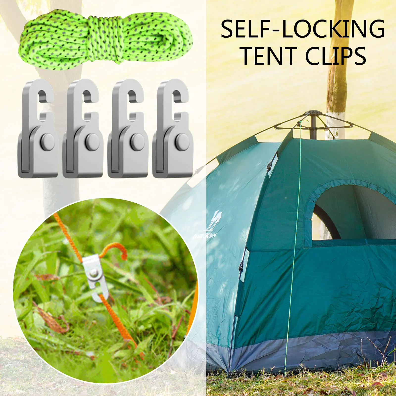 

4pcs Automatic Lock Hook Set with Rope, Unknotted Tent Backpack Tie & Tighten Lock, Strong Load Bearing, Secure & Connect Lock