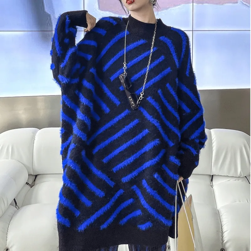 

XUXI 2021 Autumn Winter Women Knitting Sweater Streetwear Loose Long Sleeve Pullover Sweater Fashion Mid-length Sweater E4354