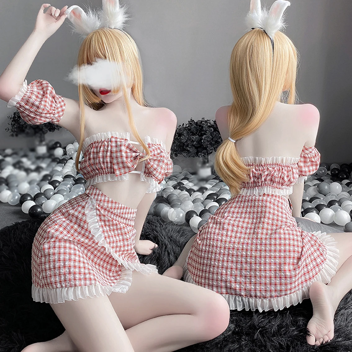 

Women Lady Cosplay Costume Christmas Maid Waitress Servant Pink Uniform Top Skirt Sexy Erotic Lingeries Plaid Sleepwear Pajamas