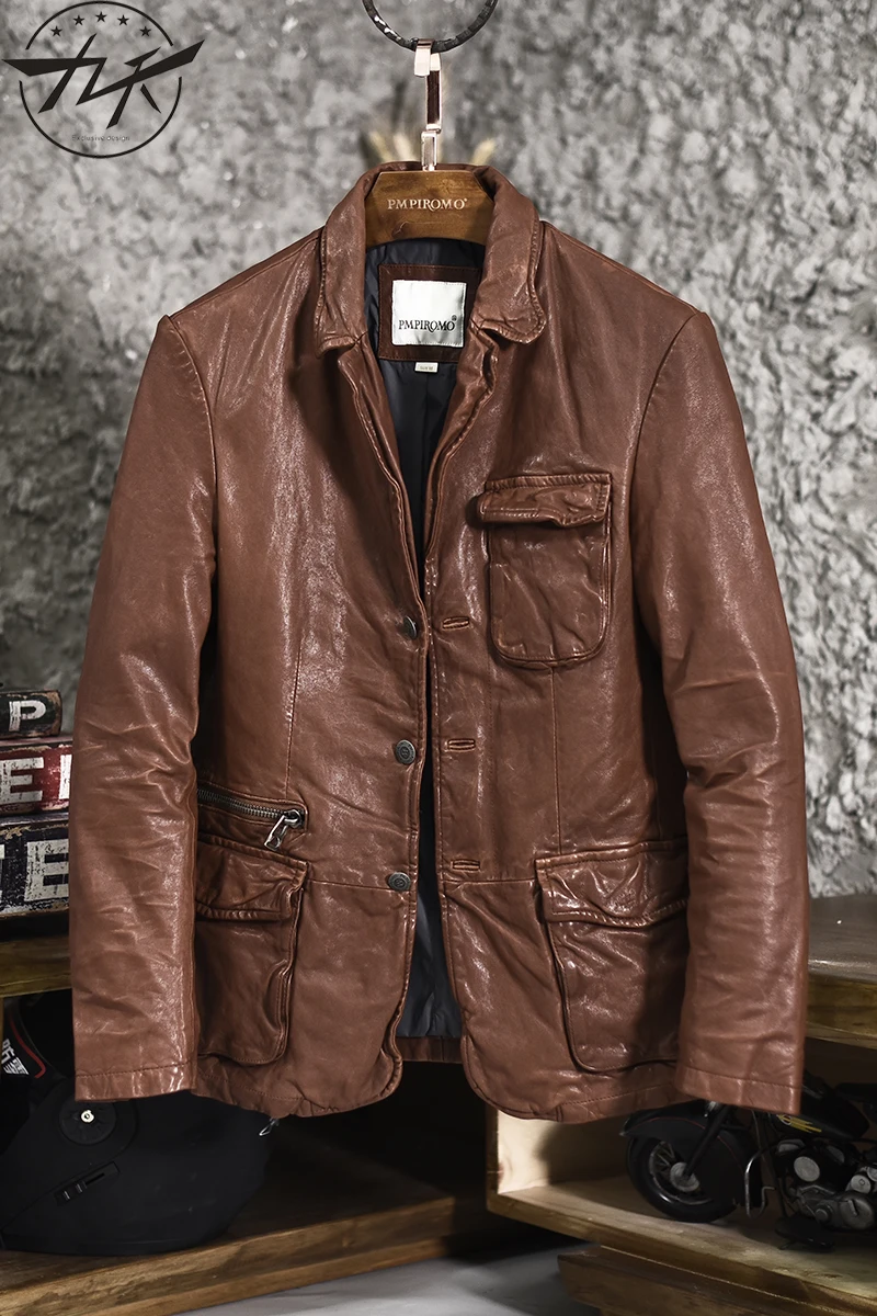 

Men's brown suit vintage Wrinkle sheepskin smart casual blazer men slim fit short pockets genuine leather jacket male