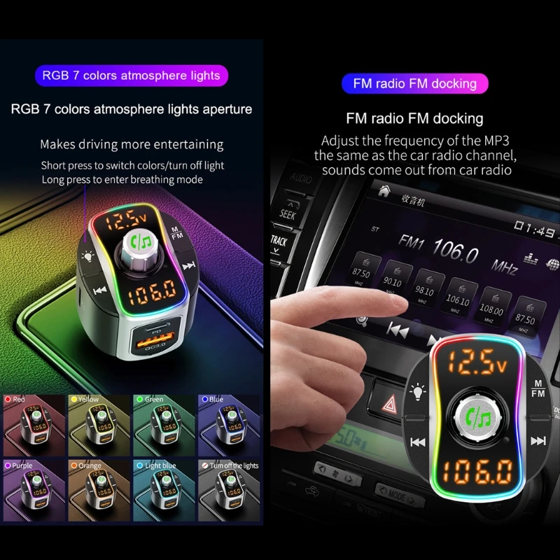 

Bluetooth 5.0 FM Transmitter MP3 Audio Player QC3.0+PD Fast Charging Wireless Handsfree Car Kit,7 Color Backlight