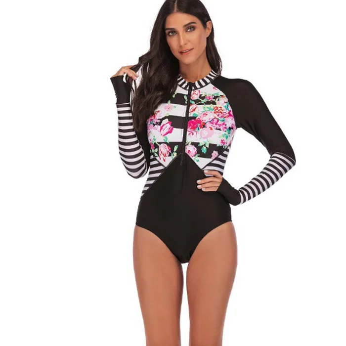 Плюс размер 5XL молния Rashguard женский цельный купальный костюм пуш-ап одежда для плавания с длинными рукавами купальный костюм для серфинга купальный костюм с бикини - Цвет: Черный