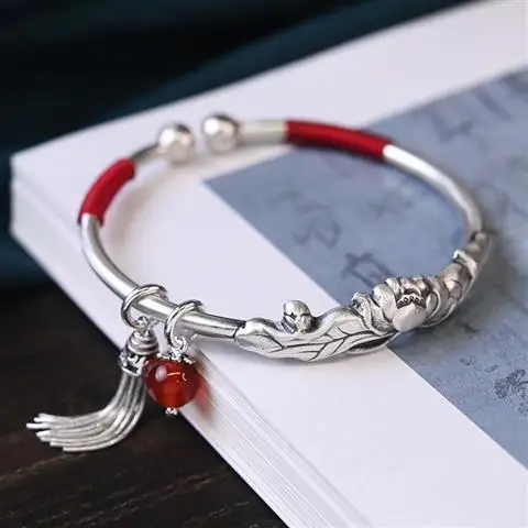 

Women's Silver Bracelet 999 Pure Silver Vintage Tassel Solid Handmade Stylish Opening Antique Lotus Silver Bracelet