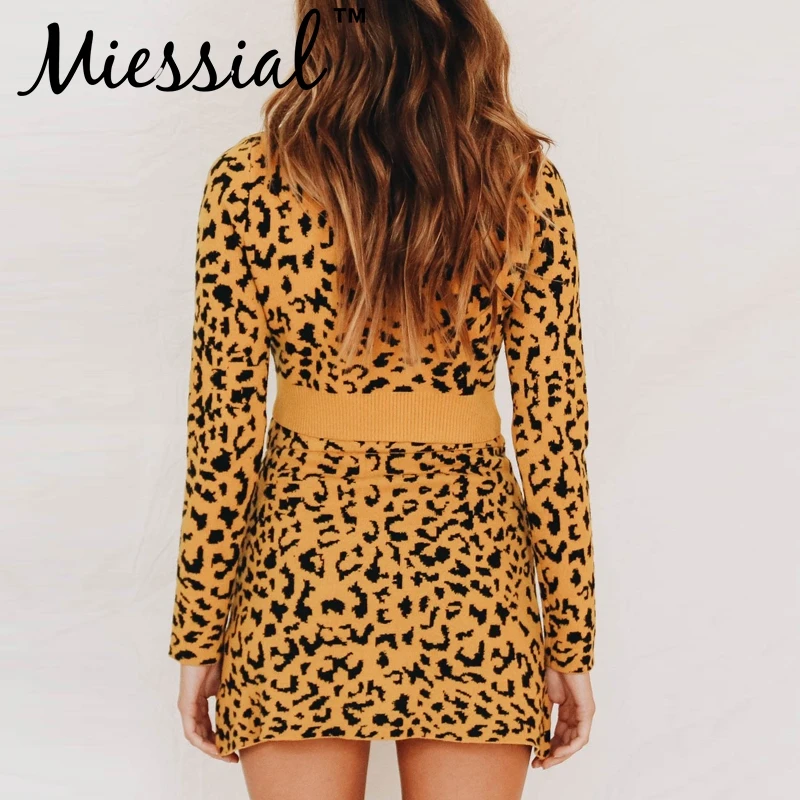 Miessial леопардовое трикотажное мини платье из двух частей женское осенне зимнее