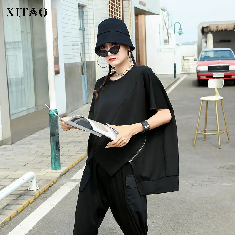 

XITAO Patchwork Irregular T-shirt 2021 summer New Style Hong Kong Style Short Sleeve Zipper Loose Solid Color Top WMD0798