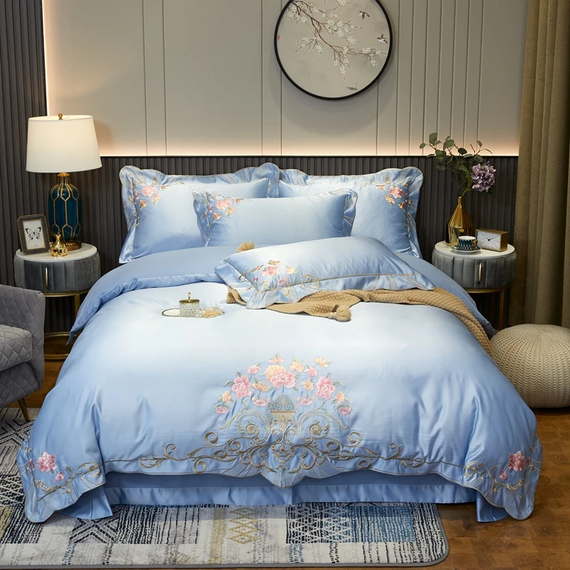 

New Luxury Washed Silk Cotton Classic Flowers Embroidery Bedding Set Soft Silky Duvet Cover Bed Linen Fitted Sheet Pillowcases