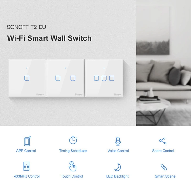 ITEAD SONOFF T2 США ЕС Wi-Fi Смарт настенный сенсорный выключатель Сенсор переключатель Стекло пластина 1/2/3 Gang Дистанционное Управление Wifi светильник переключатели