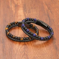 fashion hand decoration black jewelry volcanic stone tiger eye beads and leather combination bracelet for men women