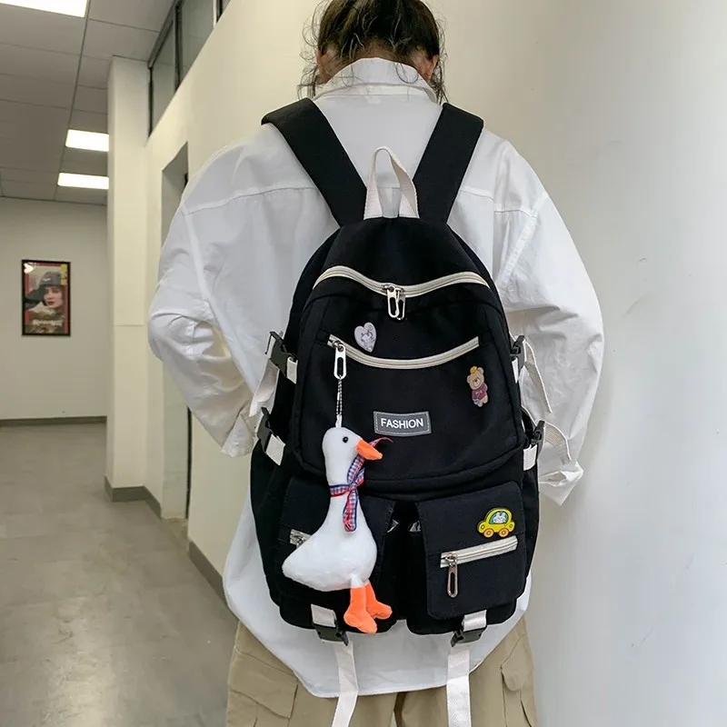 Модный школьный ранец в стиле Харадзюку для девочек, милый однотонный трендовый женский рюкзак, нейлоновые вместительные водонепроницаемы...